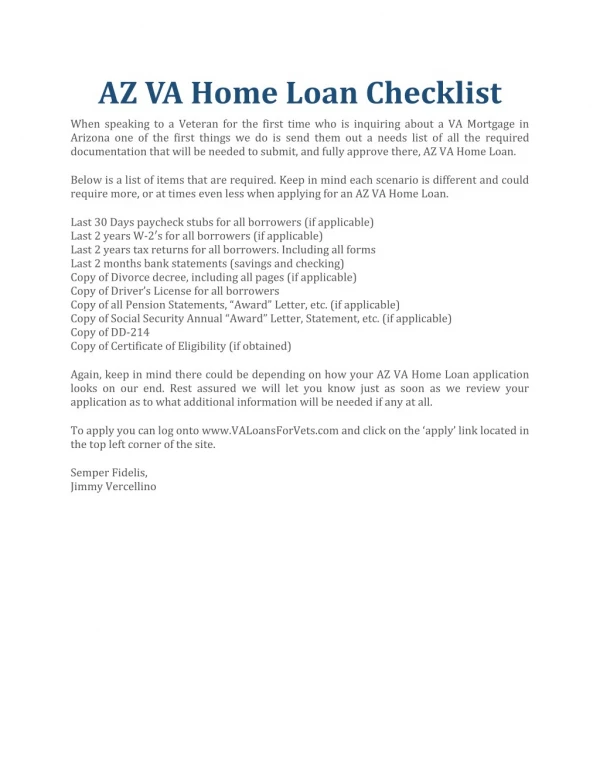 AZ VA Home Loan Checklist