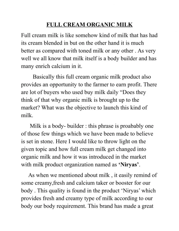 Full cream organic milk : Niryas.com