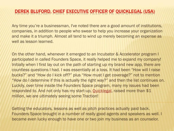 Derek Bluford, Chief executive officer of Quicklegal (USA)