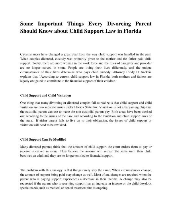 Some Important Things Every Divorcing Parent Should Know about Child Support Law in Florida