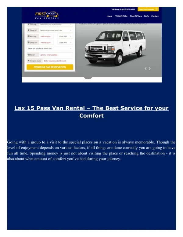 Book online a 15 passenger van rental from First Choice Van