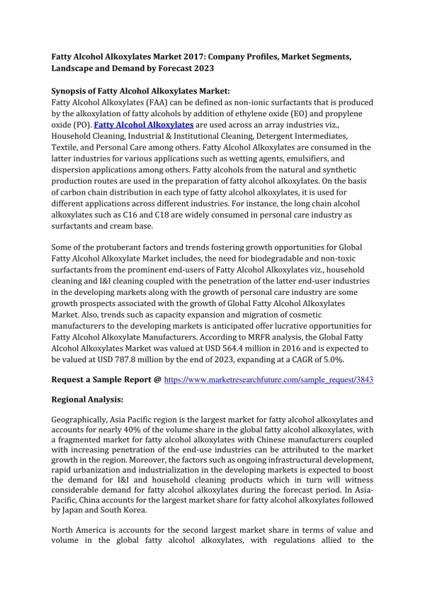 Fatty Alcohol Alkoxylates Market 2017: Analysis, Segments, Key Players, Drivers, Trends, and Forecast 2023