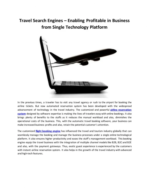 Travel Search Engines – Enabling Profitable in Business from Single Technology Platform