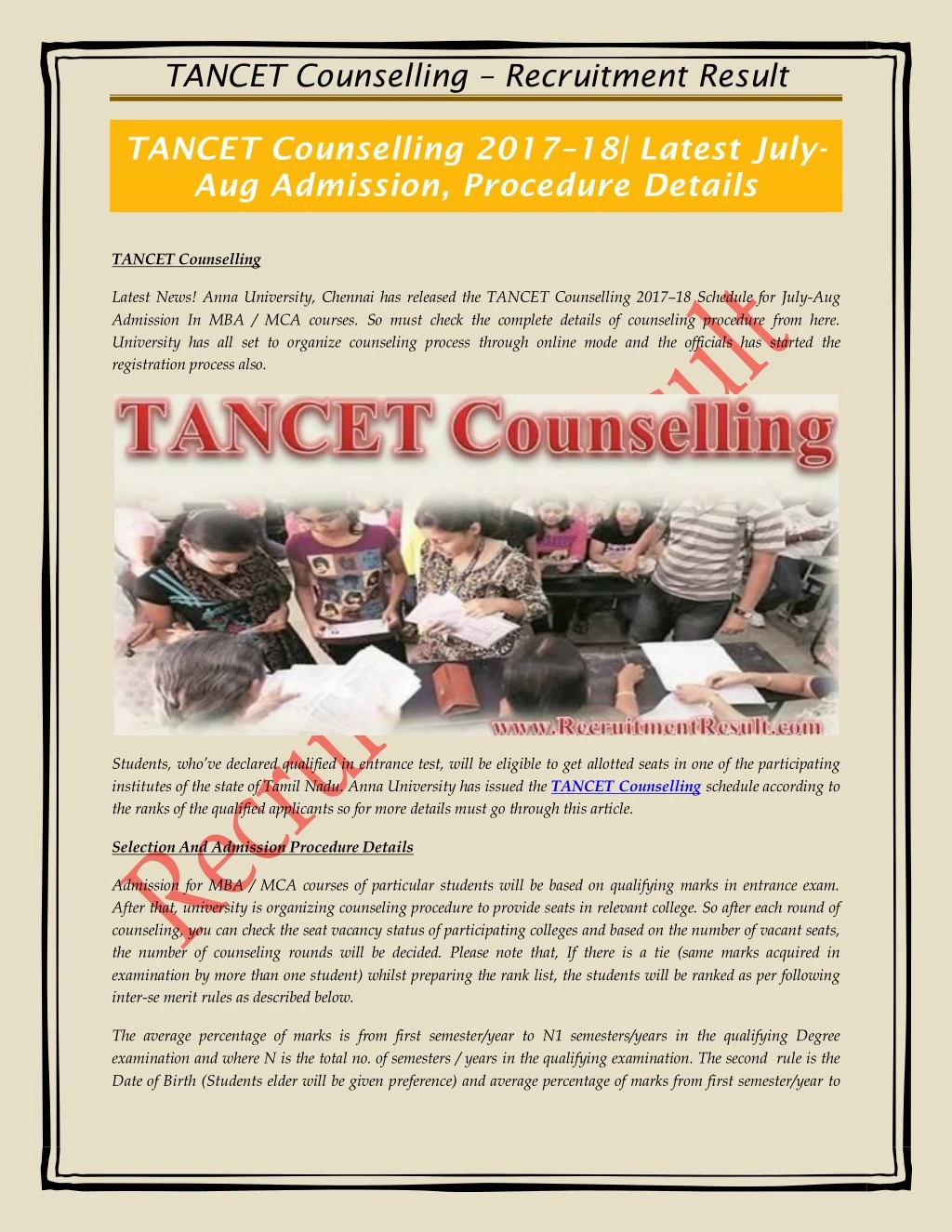 tancet counselling recruitment result