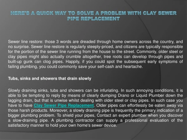 Here's A Quick Way to Solve a Problem with Clay Sewer Pipe Replacement