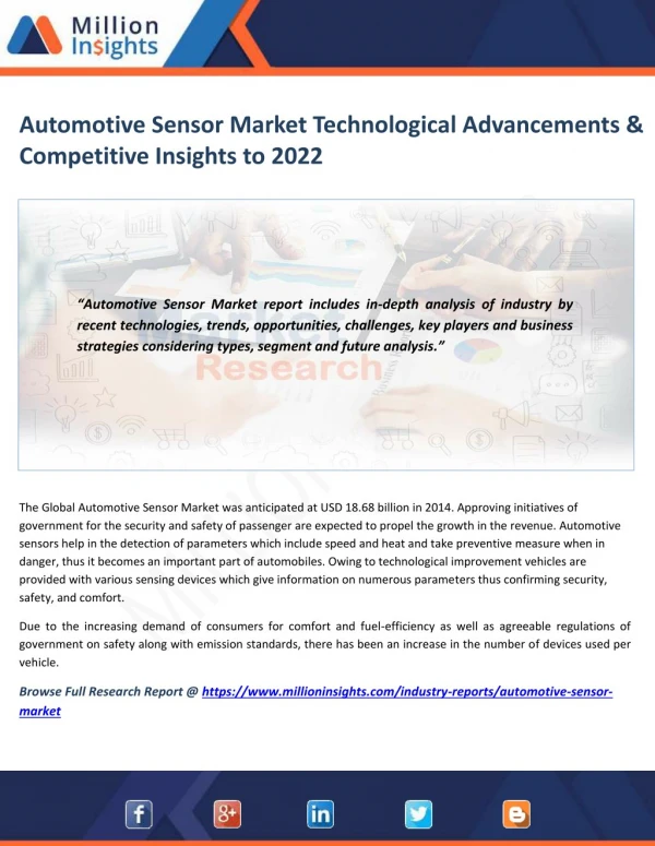 Automotive Sensor Market Technological Advancements & Competitive Insights to 2022