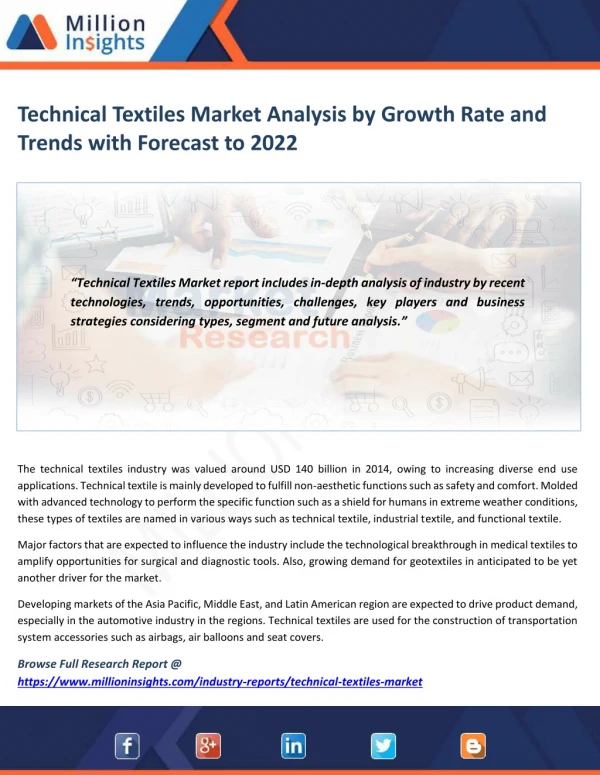 Technical Textiles Market Analysis by Growth Rate and Trends with Forecast to 2022