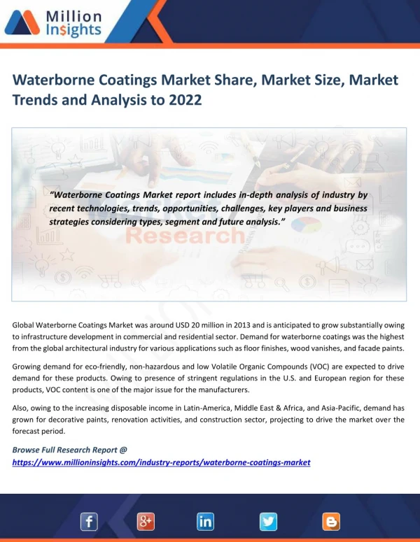 Waterborne Coatings Market Share, Market Size, Market Trends and Analysis to 2022