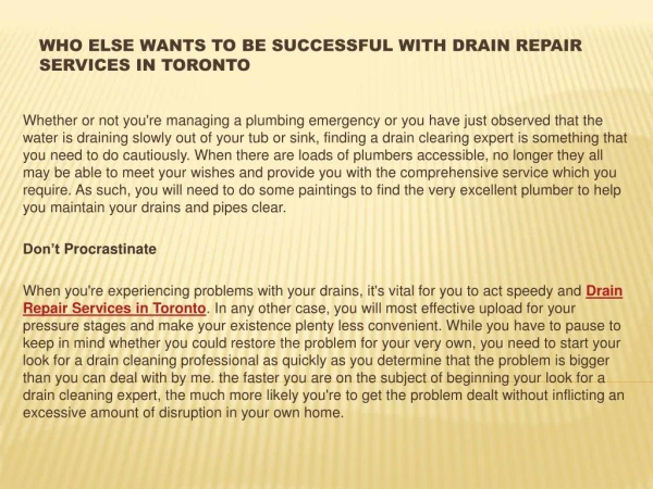 Who Else Wants To Be Successful With Drain Repair Services in Toronto