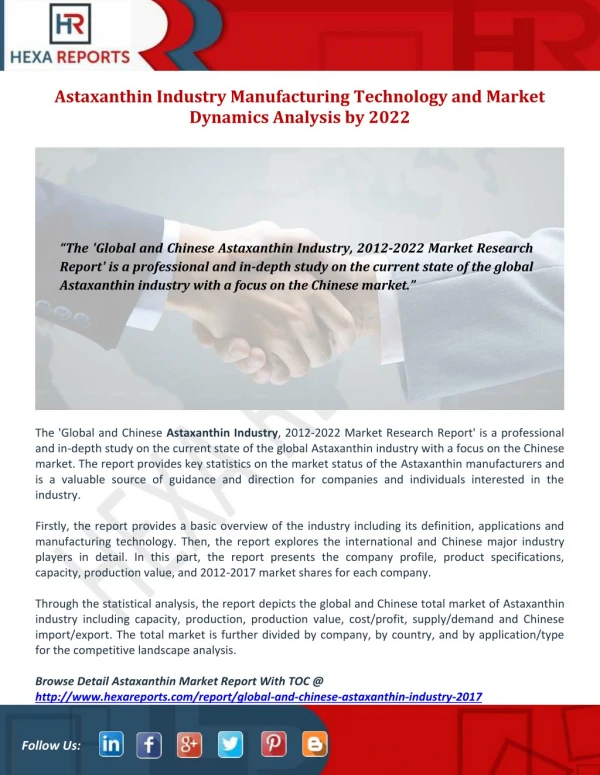 Astaxanthin Industry Manufacturing Technology and Market Dynamics Analysis by 2022