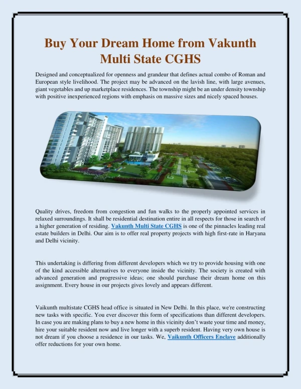 Buy Your Dream Home from Vakunth Multi State CGHS