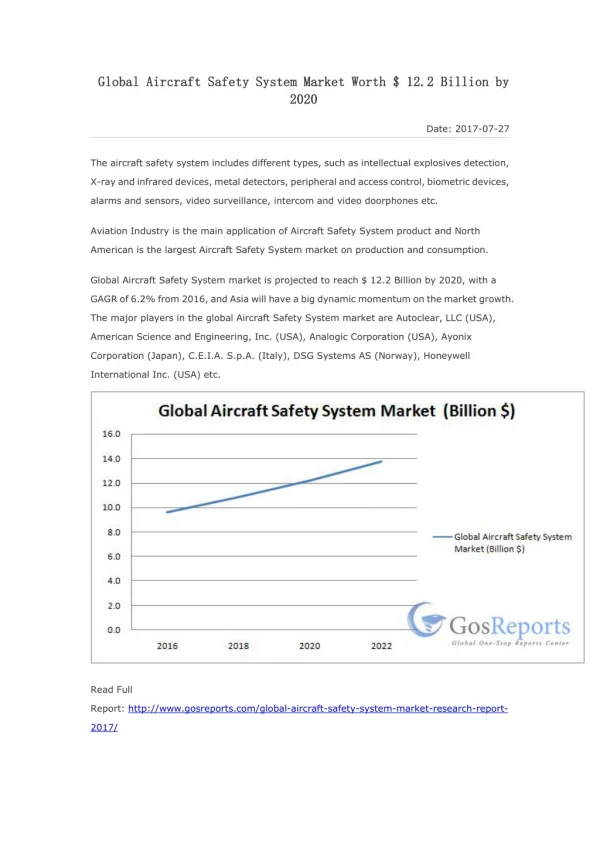 Global Aircraft Safety System Market Worth $ 12.2 Billion by 2020
