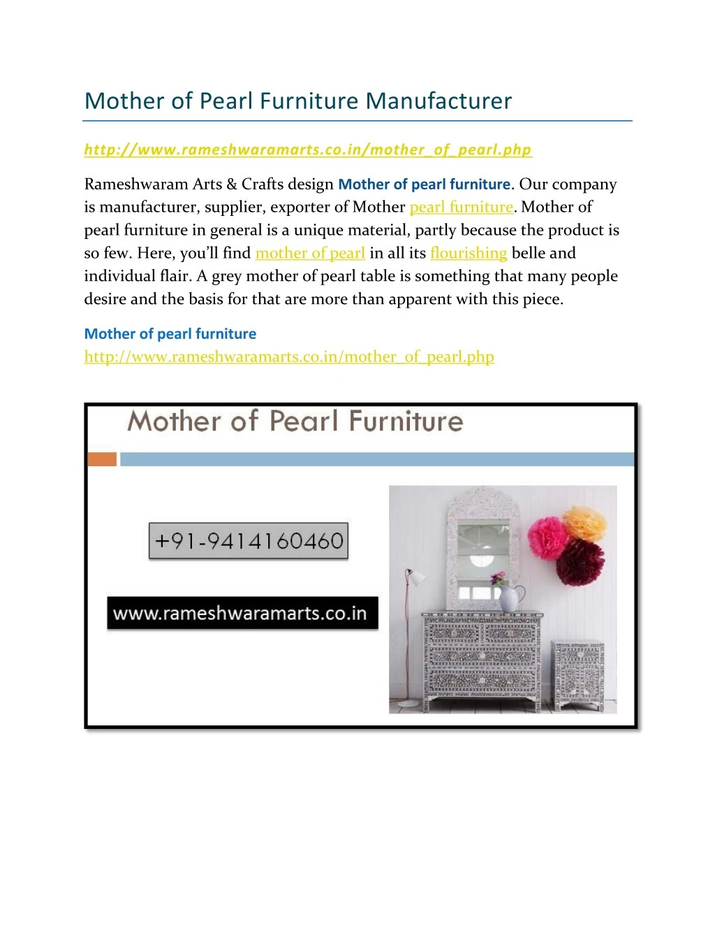 mother of pearl furniture manufacturer