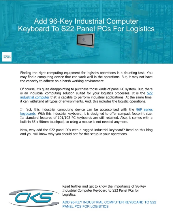 Add 96-Key Industrial Computer Keyboard To S22 Panel PCs For Logistics