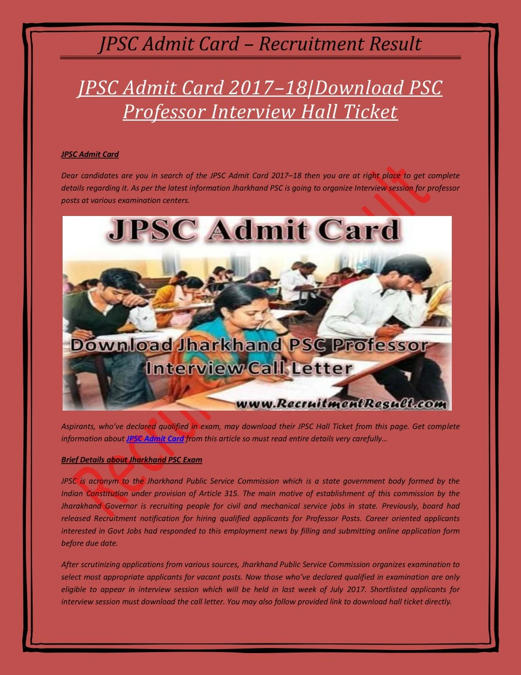 jpsc admit card recruitment result