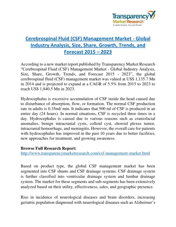 Cerebrospinal Fluid (CSF) Management Market to reach US$ 1,840.5 Million in 2023