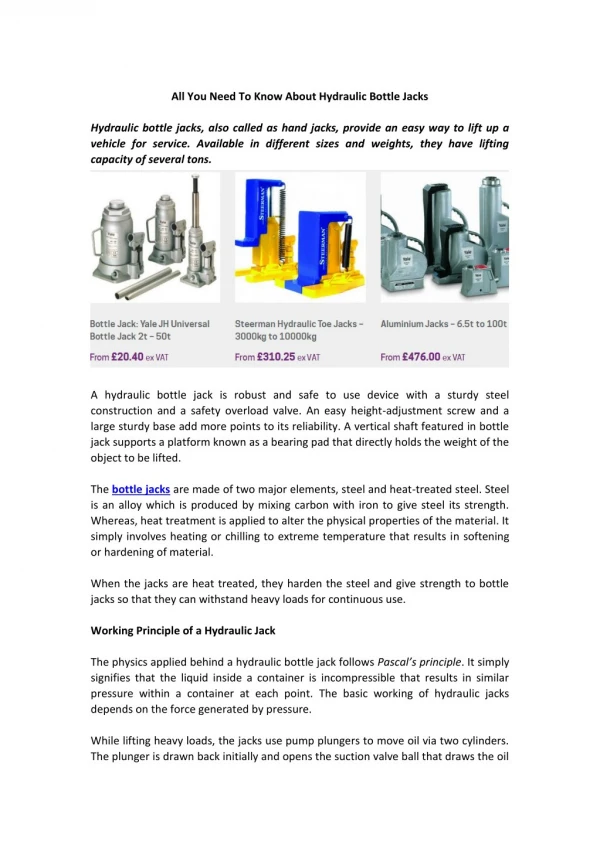 Hydraulic Bottle Jack Supplier in UK