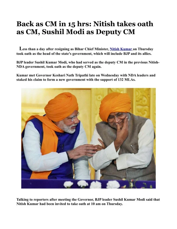 Nitish takes oath as CM, Sushil Modi as Deputy CM