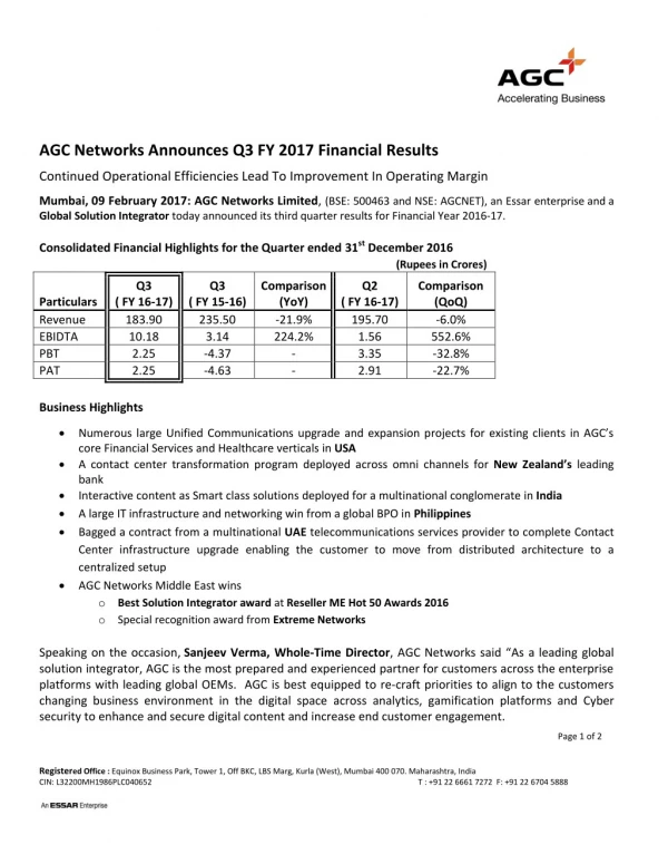 AGC Networks Announces Q3 FY 2017 Financial Results