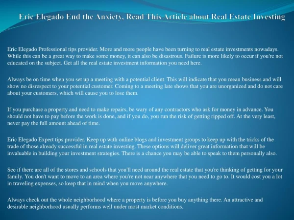 Eric Elegado Tips To Help You Find The Perfect Property