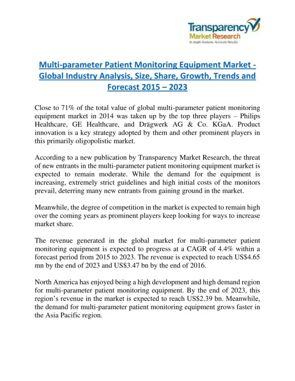 Multi-parameter Patient Monitoring Equipment Market - Positive long-term growth outlook 2023