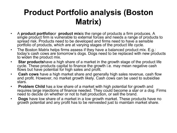 Product Portfolio analysis Boston Matrix