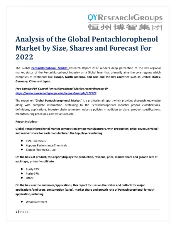 Analysis of the Global Pentachlorophenol Market by Size, Shares and Forecast For 2022