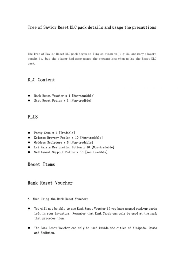 Tree of Savior Reset DLC pack details and usage the precautions