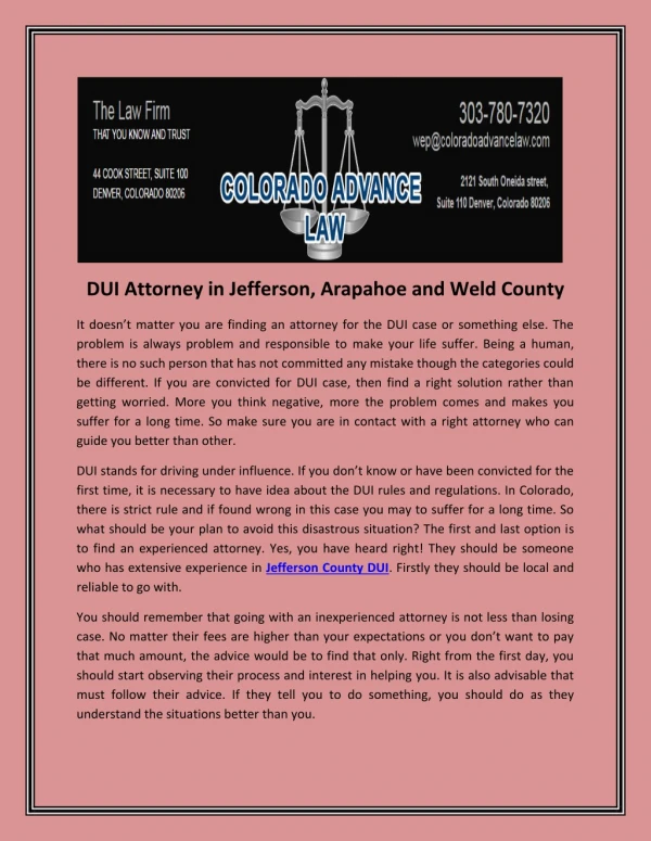 DUI Attorney in Jefferson, Arapahoe and Weld County