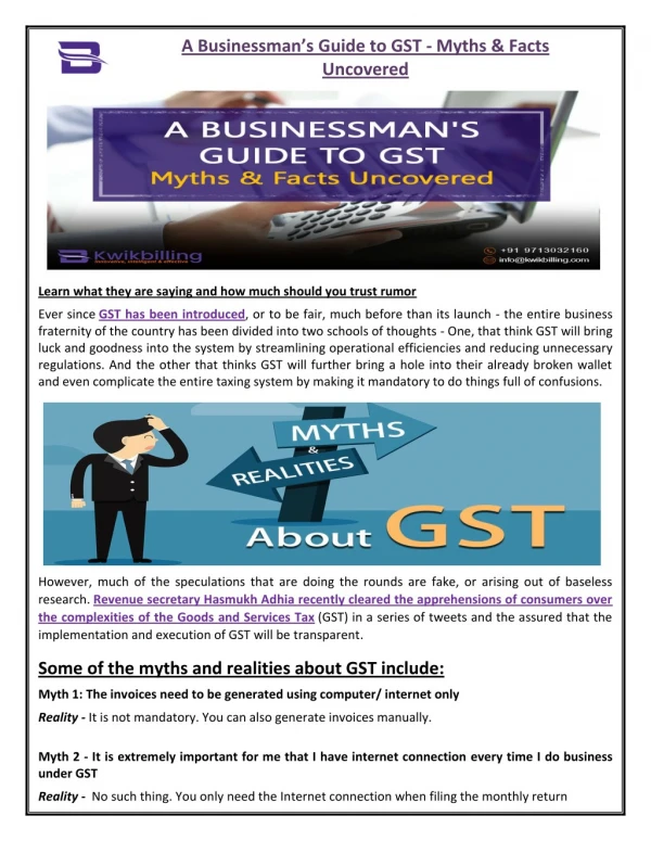 A Businessman's Guide to GST - Myths & Facts Uncovered