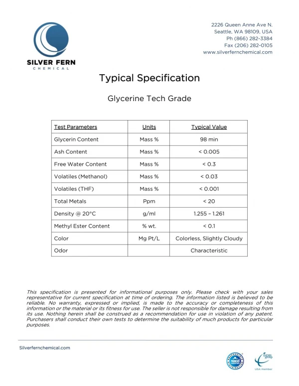 Typical Specification of Glycerine Tech Grade