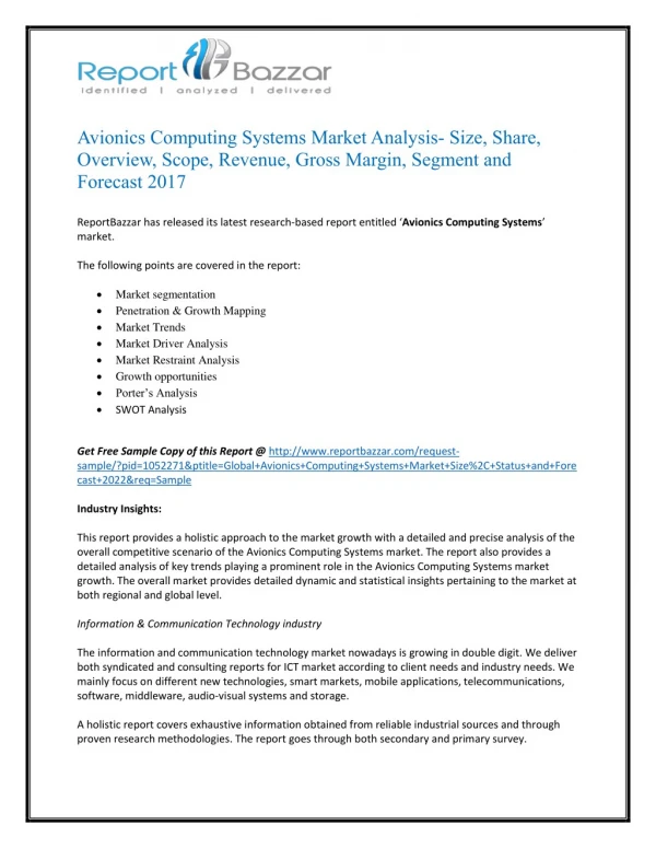 Avionics computing systems Market Analysis, Applications, Size, Share, Overview To 2022