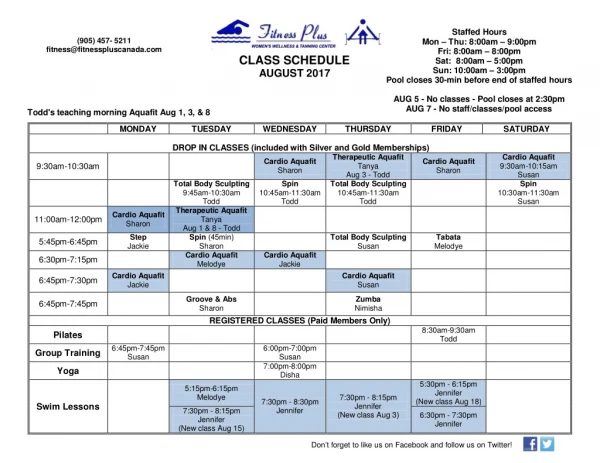 Aug 2017 class schedule