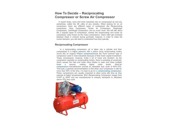 Reciprocating Compressor or Screw Air Compressor - Bac Compressor