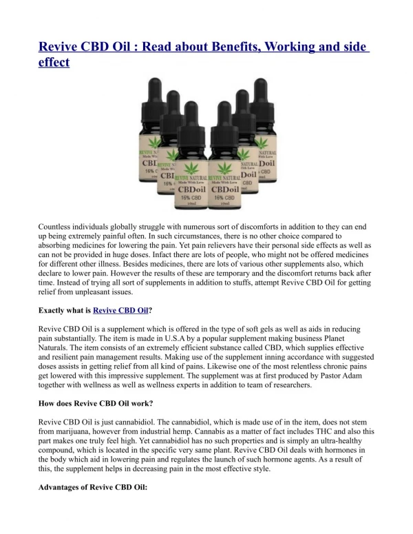 Revive CBD Oil : Read about Benefits, Working and side effect