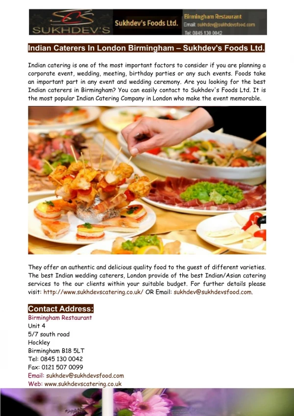 Asian Indian Caterers in London Birmingham-Sukhdev's Foods Ltd