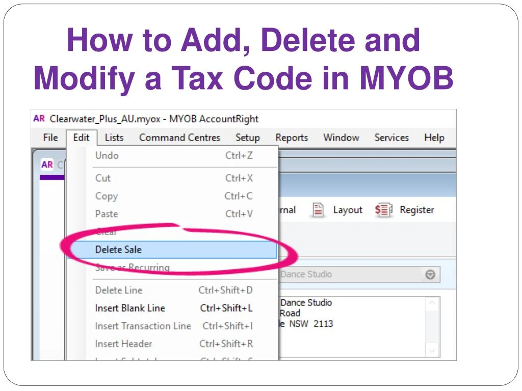 how to a dd delete and modify a tax code in myob