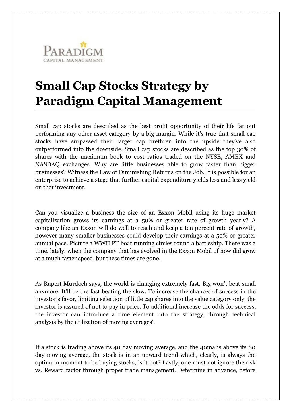 small cap stocks strategy by paradigm capital