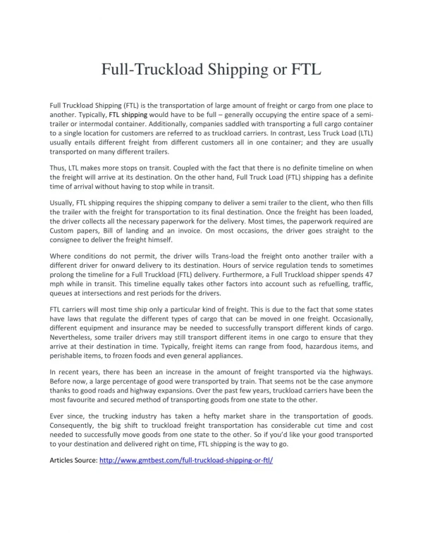 Full-Truckload Shipping or FTL