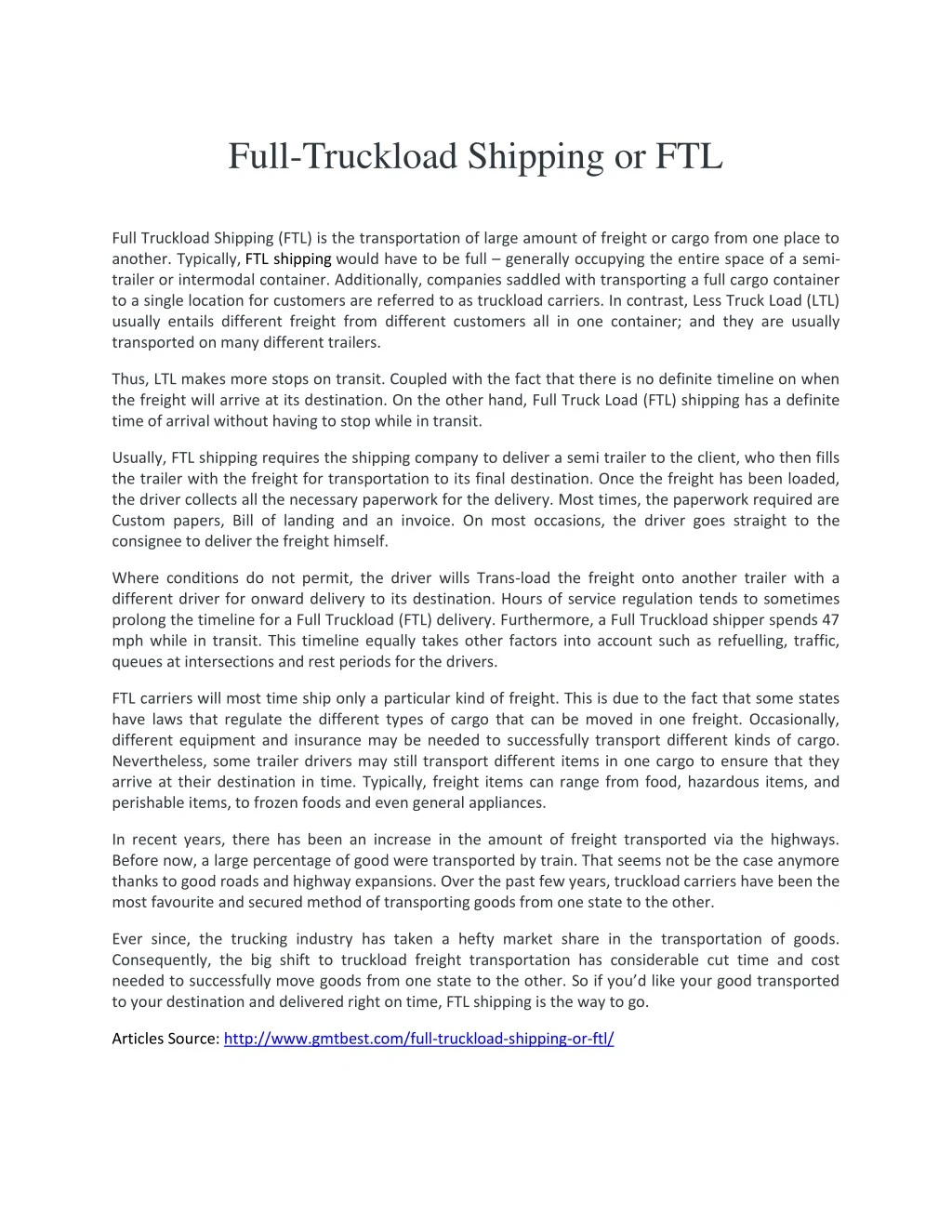full truckload shipping or ftl