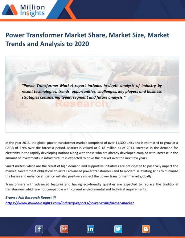 Power Transformer Market Segmentation, Opportunities, Trends & Future Scope to 2020