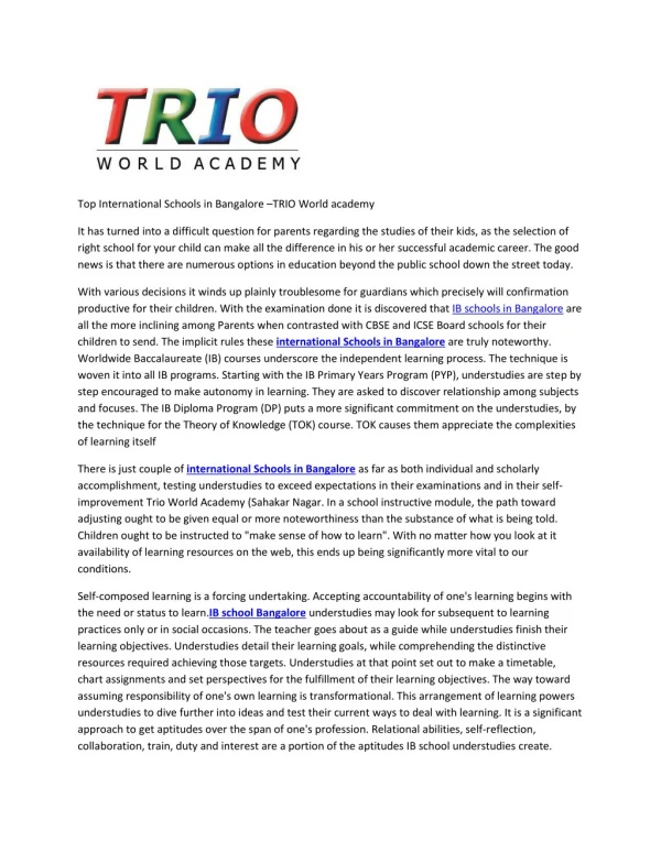 Top International Schools in Bangalore –TRIO World academy