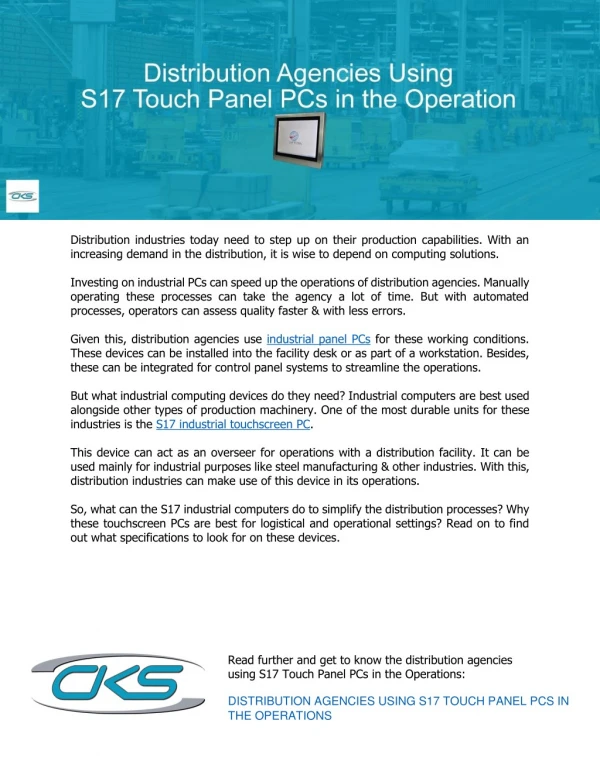 Distribution Agencies Using S17 Touch Panel PCs in the Operations