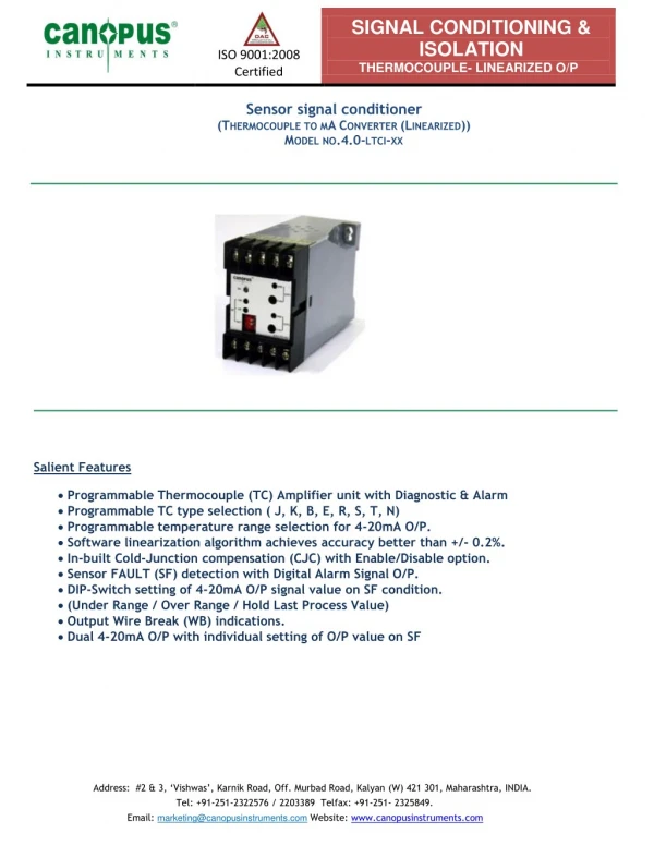 K-type thermocouple to 4-20ma transmitter - Canopus Instruments