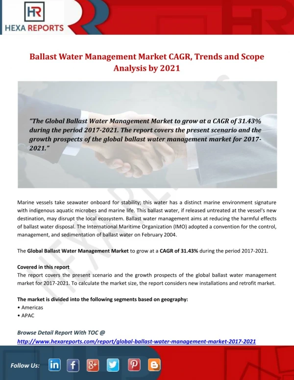 Ballast Water Management Market CAGR, Trends and Scope Analysis by 2021