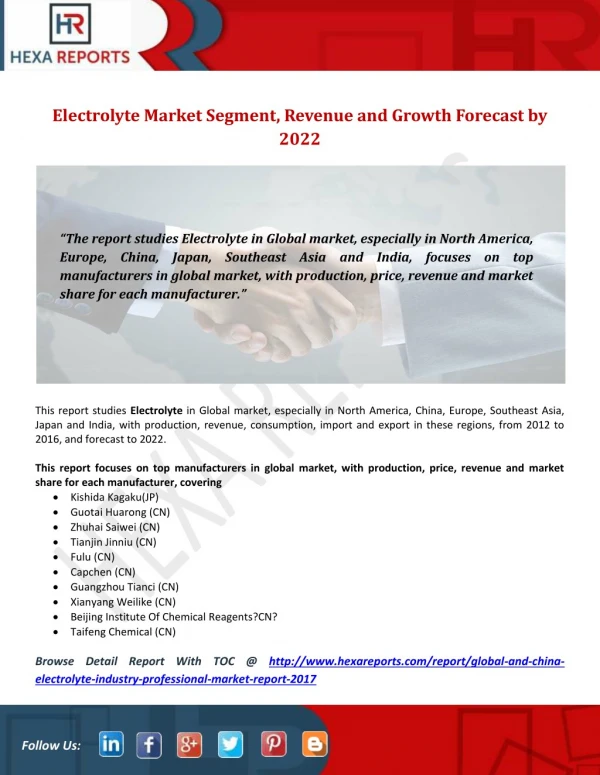 Electrolyte Market Segment, Revenue and Growth Forecast by 2022