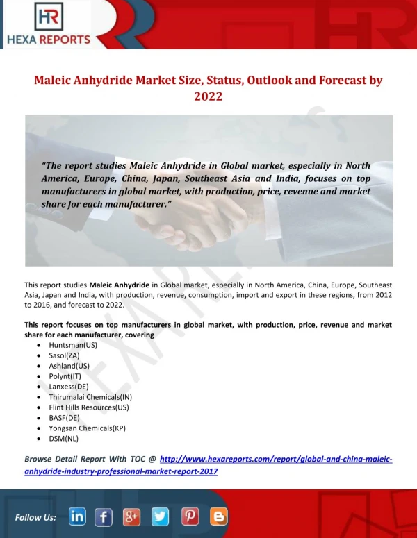 Maleic anhydride Market Size, Status, Outlook and Forecast by 2022