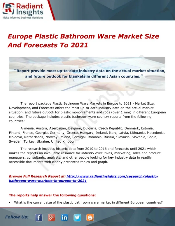 Europe Plastic Bathroom Ware Market Size And Forecasts To 2021