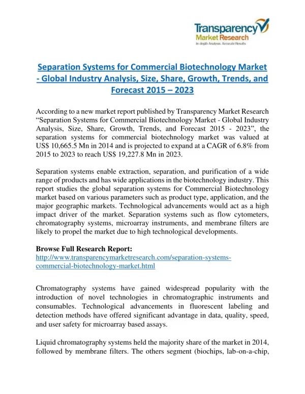 Separation Systems for Commercial Biotechnology Market will rise to US$ 19,227.8 Million by 2023