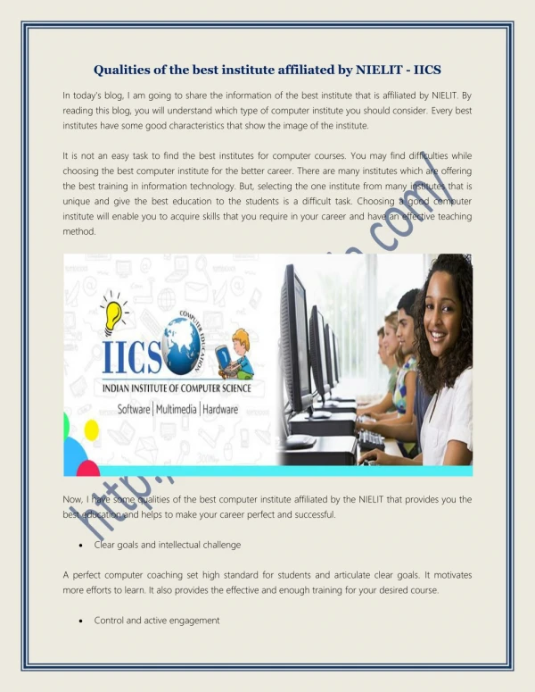 Qualities of the best institute affiliated by NIELIT - IICS